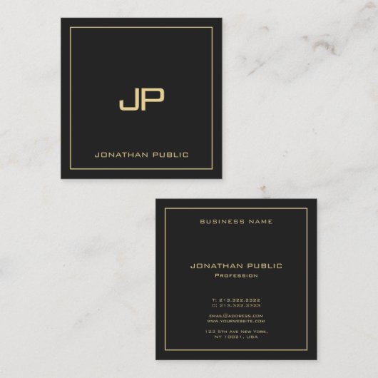 Custom Text Monogram Luxus elegant Schwarz und Gol Quadratische Visitenkarte (Vorne/Hinten)