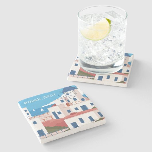 Custom Text Mykonos Griechenland Steinuntersetzer (Seitenansicht)