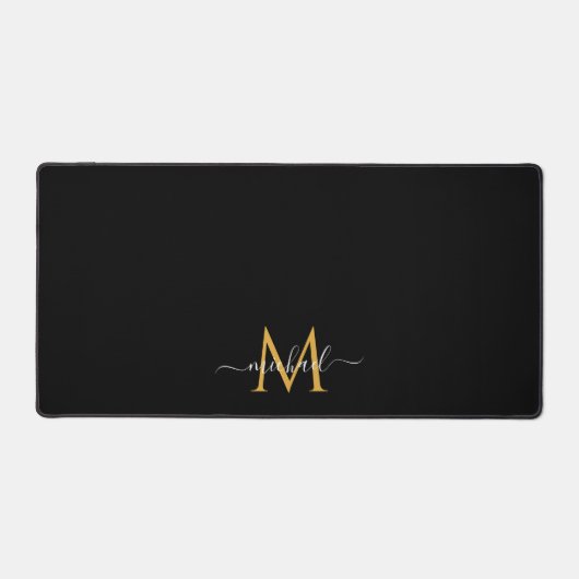 Custom Text Name Monogram Minimalist Black & Gold Schreibtischunterlage (Vorderseite)