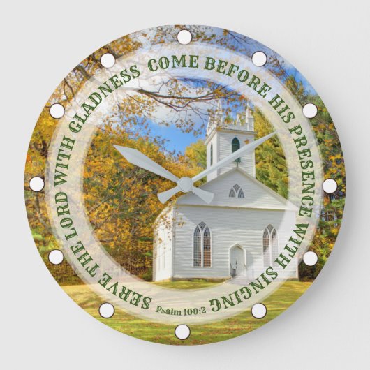 Custom Text New England Church im Herbst Große Wanduhr (Vorderseite)