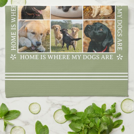 Custom Text Photo Collage Pet Dog Earthy Green Geschirrtuch (Gefaltet)