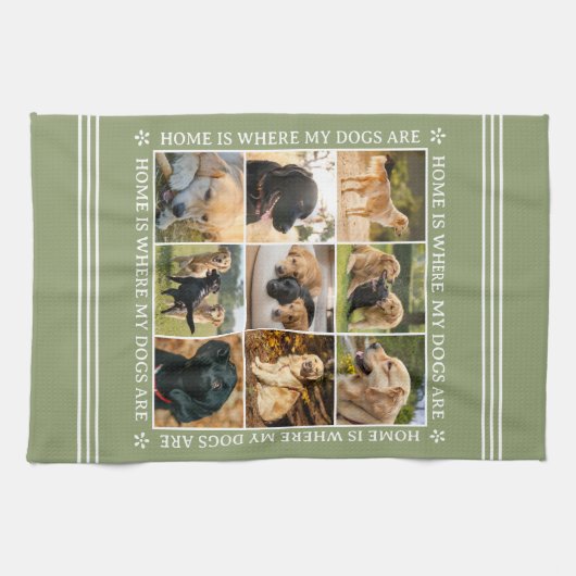 Custom Text Photo Collage Pet Dog Earthy Green Geschirrtuch (Horizontal)