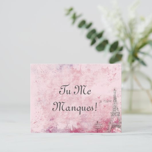 Custom Text Pink I Miss Sie Paris Eiffel Französis Postkarte (Stehend Vorderseite)