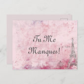 Custom Text Pink I Miss Sie Paris Eiffel Französis Postkarte (Vorne/Hinten)