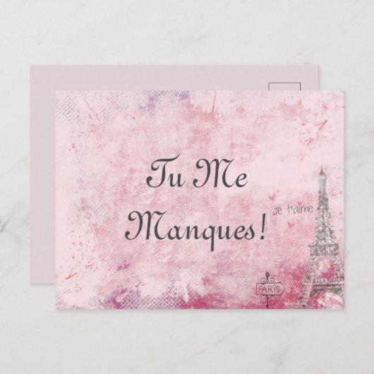 Custom Text Pink I Miss Sie Paris Eiffel Französis Postkarte (Vorne/Hinten)