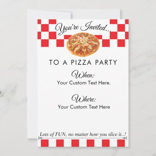Custom Text Pizza Party|Fun Red White Schachbrett Einladung (Vorderseite)