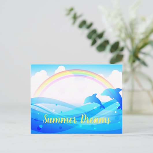 Custom Text Rainbow Summer Magic Blue Delphine Postkarte (Stehend Vorderseite)