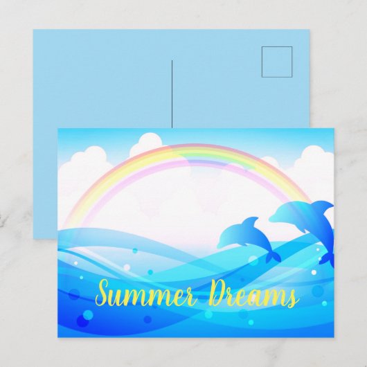 Custom Text Rainbow Summer Magic Blue Delphine Postkarte (Vorne/Hinten)