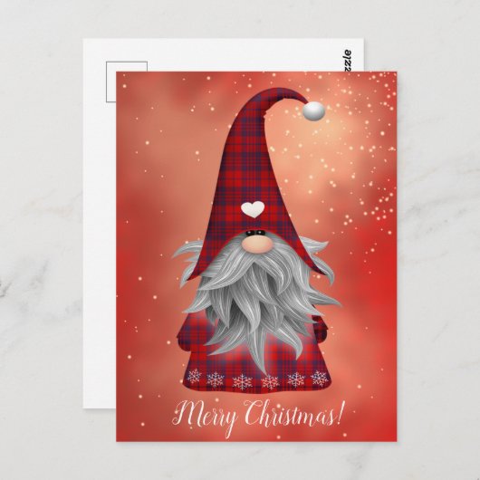 Custom Text Red Kariert Gnome & Snowflakes Holiday Postkarte (Vorne/Hinten)