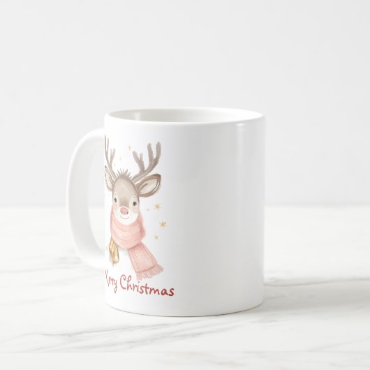Custom Text Reindeer Wearing A Pink Scarf Kaffeetasse (Vorderseite Links)