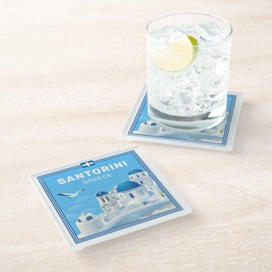 Custom Text Santorini Griechenland Glasuntersetzer (Schrägansicht)