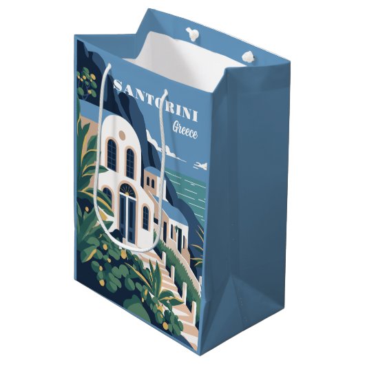 Custom Text Santorini Griechenland Mittlere Geschenktüte (Vorderseite Schrägansicht)