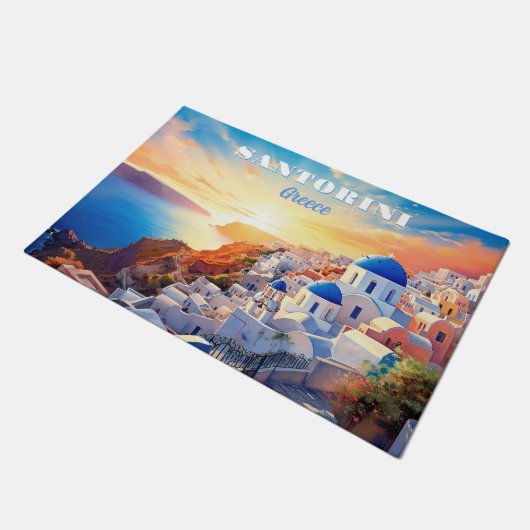 Custom Text Santorini Griechenland Sunset Fußmatte (Schrägansicht)