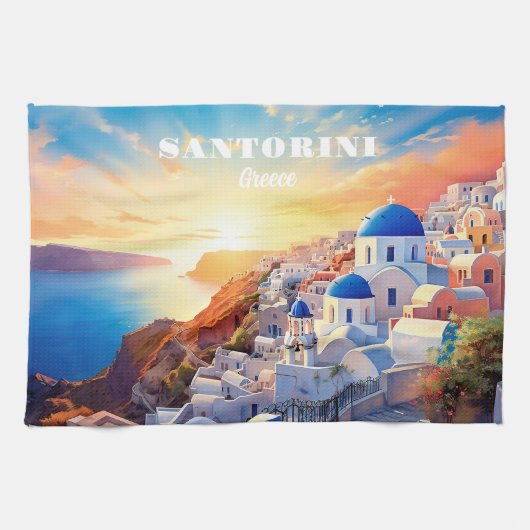 Custom Text Santorini Griechenland Sunset Geschirrtuch (Horizontal)