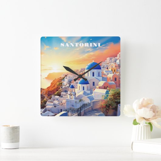 Custom Text Santorini Griechenland Sunset Quadratische Wanduhr (Zuhause)