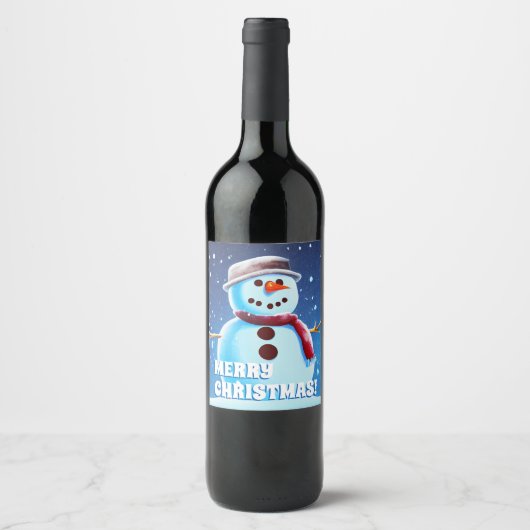 Custom Text Snowman Art 1 Frohe Weihnachtsmalerei Weinetikett (Vorderseite)