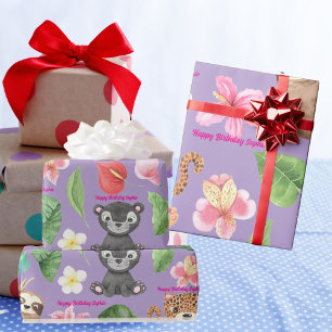 Custom Text Tropical Baby Animals Kindergeburtstag Geschenkpapier