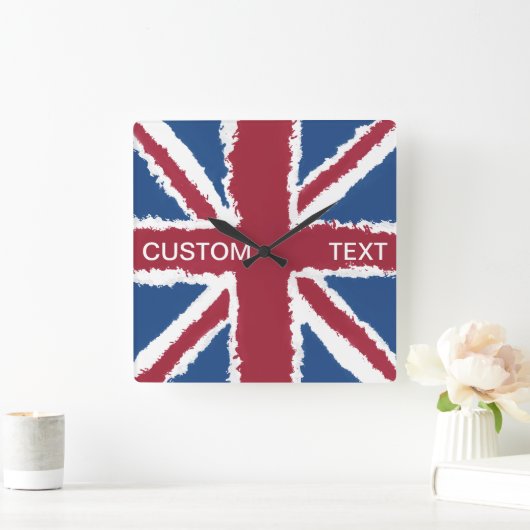 Custom Text Union Jack Flag Art von Heva Weva Quadratische Wanduhr (Zuhause)