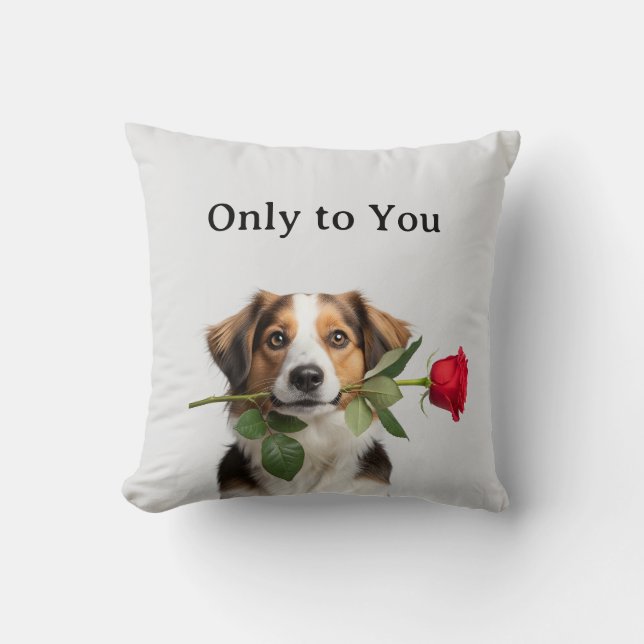 custom text valentine dog holding rose portrait kissen (Vorderseite)