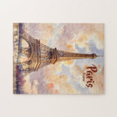 Custom Text Watercolor Eiffel Tower Sunset Travel Puzzle (Horizontal)
