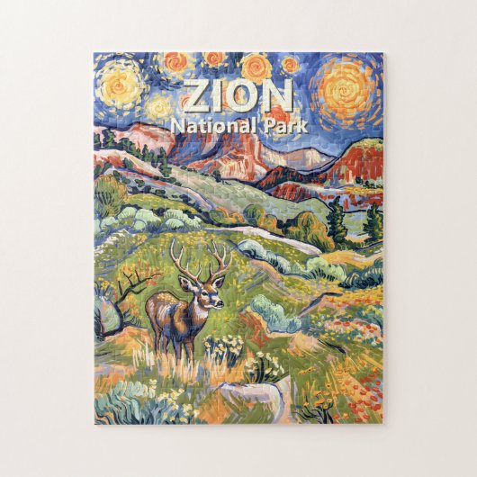 Custom Text Zion Animal Deer Colorful Landscape Puzzle (Vertikal)