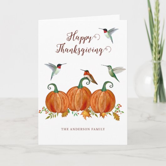 Custom Thanksgiving Hummingbirds and Pumpkins Feiertagskarte (Vorderseite)