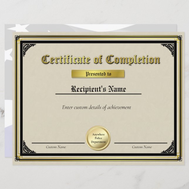 Custom Thin Blue Line Gold Siegel Certificate (Vorne/Hinten)