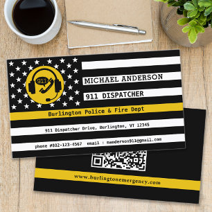 Custom Thin Gold Line Flag QR Code 911 Dispatcher Visitenkarte