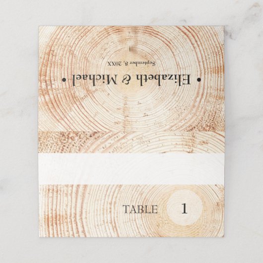 Custom Tischnummer Wood Rustic Wedding Platzkarte (Außenseite Aufgefaltet)