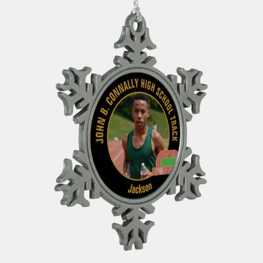Custom Track & Field Photo High School Runner Schneeflocken Zinn-Ornament (Links)