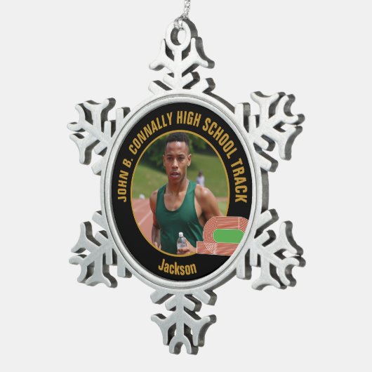 Custom Track & Field Photo High School Runner Schneeflocken Zinn-Ornament (Rechts)