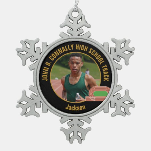 Custom Track & Field Photo High School Runner Schneeflocken Zinn-Ornament (Vorderseite)