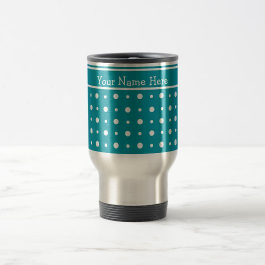Custom Travel Mug, Polka Dots, White on Aquamarin Reisebecher (Mittel)