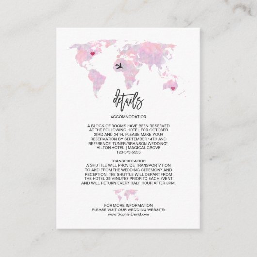 Custom Travel Watercolor Weltkarte Hochzeitdetails Begleitkarte (Vorderseite)
