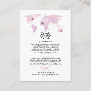Custom Travel Watercolor Weltkarte Hochzeitdetails Begleitkarte
