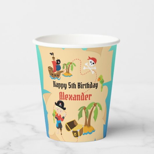Custom Treasmap Boy Pirate Birthday Party Pappbecher (Vorderseite)