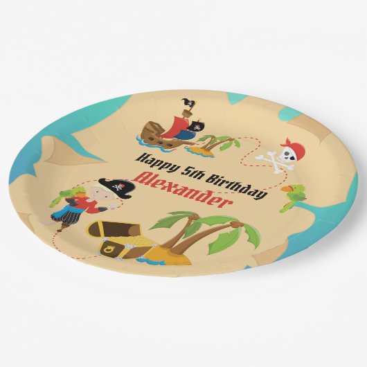 Custom Treasmap Boy Pirate Birthday Party Pappteller (Schrägansicht)