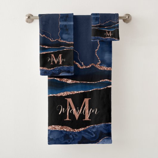Custom Trendy Navy Blue Agate Rose Gold Glitzer Badhandtuch Set (Insitu)