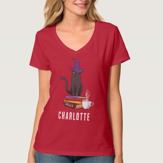 Custom Trick oder behandeln Black Cat Hexe Hallowe T-Shirt (Vorderseite)