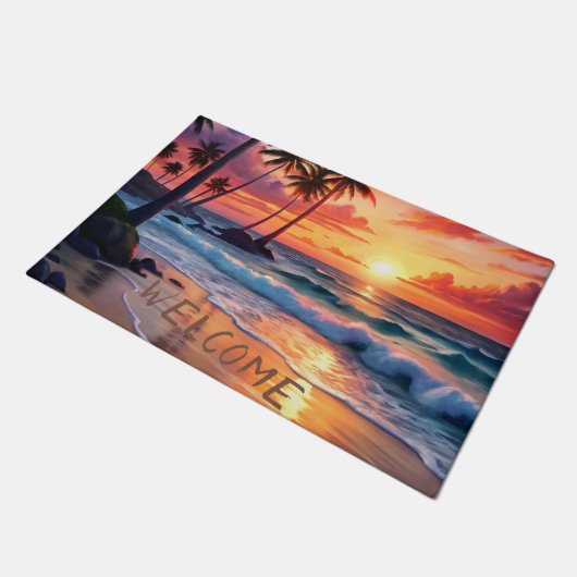 Custom Tropical Beach Sunset | Küstenkunst Fußmatte (Schrägansicht)