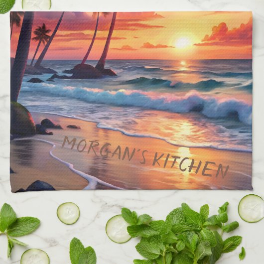 Custom Tropical Beach Sunset | Küstenkunst Geschirrtuch (Gefaltet)