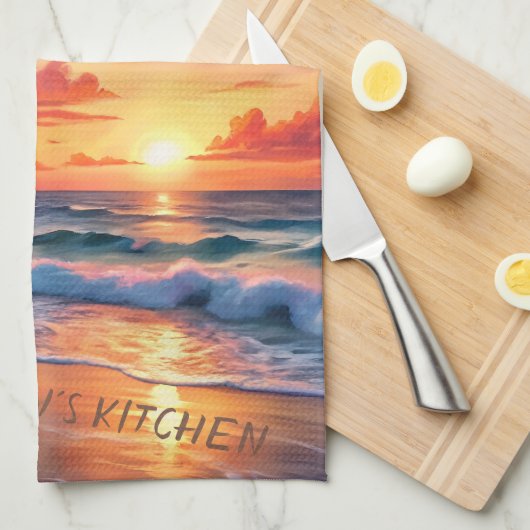 Custom Tropical Beach Sunset | Küstenkunst Geschirrtuch (Viertel Falte)