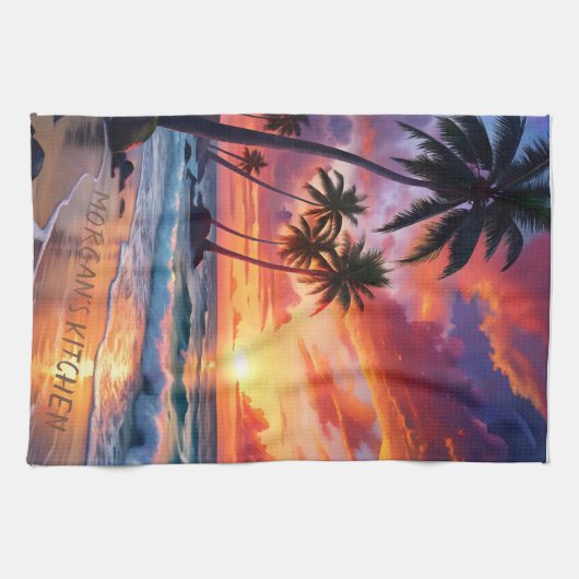 Custom Tropical Beach Sunset | Küstenkunst Geschirrtuch (Horizontal)