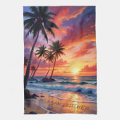 Custom Tropical Beach Sunset | Küstenkunst Geschirrtuch (Vertikal)
