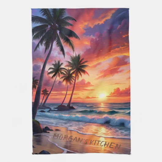 Custom Tropical Beach Sunset | Küstenkunst Geschirrtuch (Vertikal)