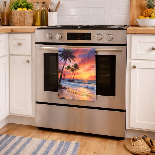 Custom Tropical Beach Sunset | Küstenkunst Geschirrtuch