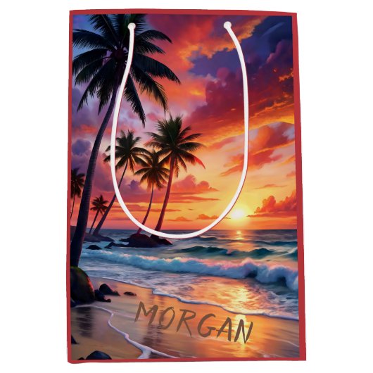 Custom Tropical Beach Sunset | Küstenkunst Mittlere Geschenktüte (Vorderseite)