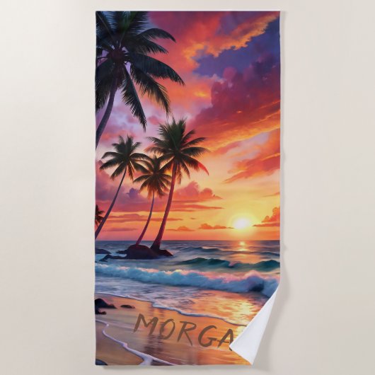 Custom Tropical Beach Sunset | Küstenkunst Strandtuch (Vorderseite)