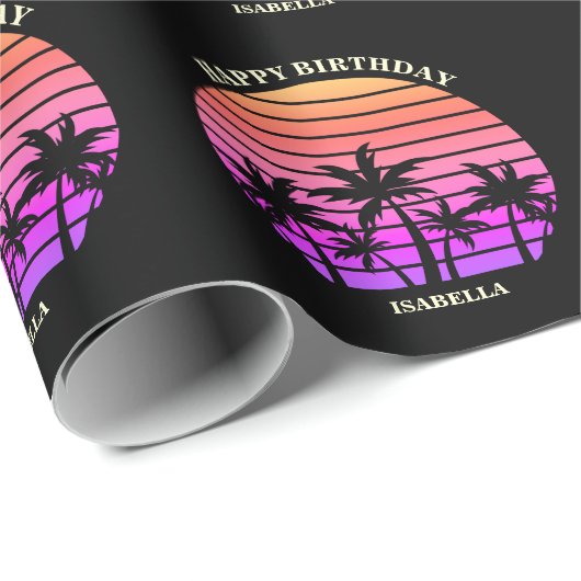 Custom Tropical Palm Tree Chic Pink Black Birthday Geschenkpapier (Rolleneckpunkt)