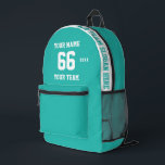 Custom Türkis blue Name, Number, Team Sport Bedruckter Rucksack<br><div class="desc">Erstellen Sie Ihren eigenen, türkisfarbenen, hellblauen Sport Football Style bedruckten Rucksack mit Name, Nummer, Teamname, Slogan und Jahr. Personalisieren Sie diese einfache, klassische gedruckte Rucksack-Vorlage mit Ihrer benutzerdefinierten Nachricht, Name, Teamname und Jahr. Einfach für einen coolen Sportgenuss personalisieren. Kreieren Sie Ihr einzigartiges personalisiertes Geschenk für Trainer, Geburtstag eines Jungen, Fußballspieler,...</div>